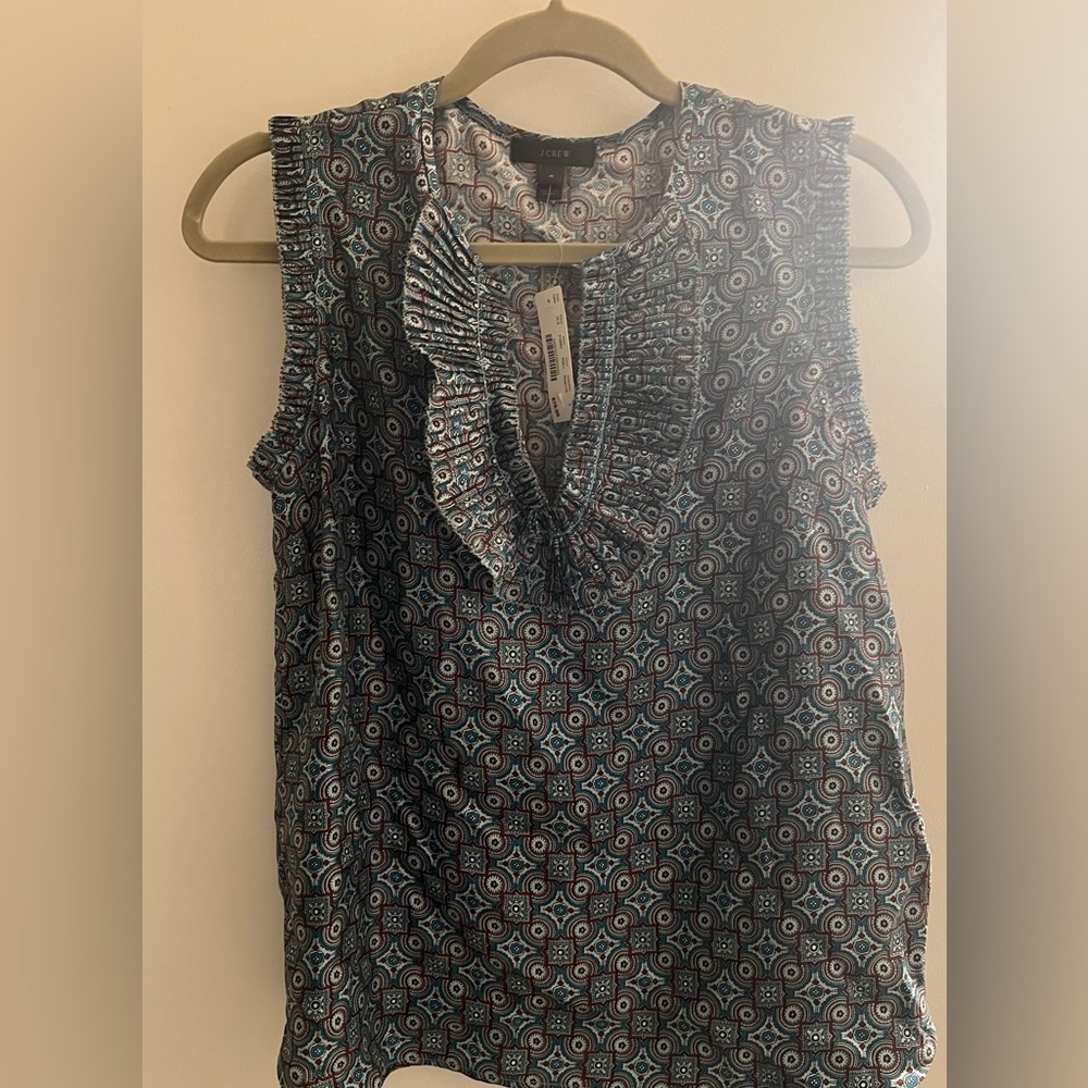 NWT J. Crew Blue and Green Ruffled Bib Collar Sleeveless Blouse